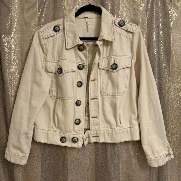 Free People Ivory Ecru Eisenhower Button Up Jean Jacket Small - Picture 1 of 10